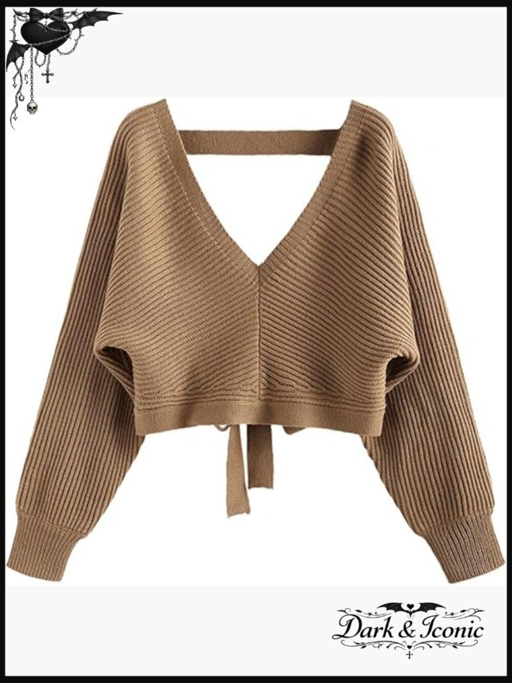 Cropped V-Neck Ribbed Sweater, Drop Shoulder, Backless Tie, Loose Fit